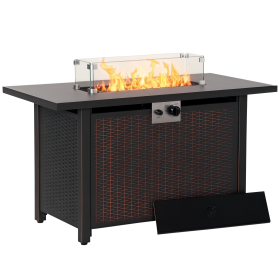 43 Inch Outdoor Propane Gas Fire Pit Table, 50,000 BTU Auto-Ignition Rectangular Wicker-effect Gas Firepit with Glass Wind Guard, Lid, Glass Beads, S