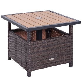 22" Outdoor Side Table with Umbrella Hole, Rattan Wicker End Table with Sand Bag and Steel Frame for Outdoor, Patio, Garden, Backyard, Brown & Light