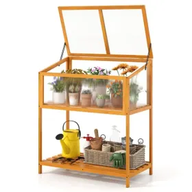 2-in-1 Fir Wood Elevated Greenhouse With Slatted Shelf, Adjustable Roof Cold Frame For Extending Growing Season