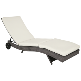 Wicker Chaise Lounge Chair Outdoor PE Rattan Cushioned Patio Sun Lounger with 5-Level Adjustable Backrest & Wheels for Easy Movement, Cream White