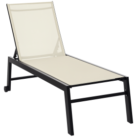 Outdoor Chaise Lounge with Wheels, Five Position Recliner for Sunbathing, Suntanning, Steel Frame, Breathable Fabric for Beach, Yard, Patio, Cream Wh
