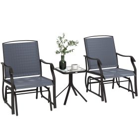 3 Piece Outdoor Glider Chair with Coffee Table Bistro Set, 2 Patio Rocking Swing Chairs with Breathable Sling Fabric, Glass Tabletop, for Backyard, G