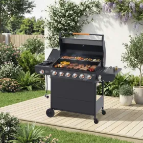6 Burner BBQ Propane Gas Grill With Side Burner 72000 BTU Output Stainless Steel Barbecue Grill With Cast Iron Grates And Side Tables For Outdoor Cook