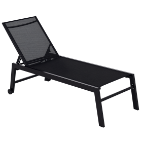 Outdoor Chaise Lounge with Wheels, Five Position Recliner for Sunbathing, Suntanning, Steel Frame, Breathable Fabric for Beach, Yard, Patio, Black