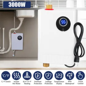 3000W Tankless Water Heater - Instant Hot Water Heater With LCD Display (82.4-131Â°F/Â°C Switch), IPX4 Waterproof, Leak/Over-Temp/Dry-Heating Protecti
