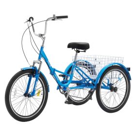 VEVOR Folding Adult Tricycle, 24-Inch 7-Speed Adult Folding Trikes, Carbon Steel 3 Wheel Cruiser Bike with Basket & Adjustable Seat (Color: Blue, Wheel Diameter: 24 inch)